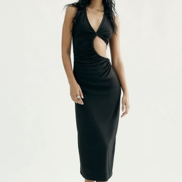 Zara black v neckline side cut out asymmetrical racerback midi dress tall - Picture 1 of 11